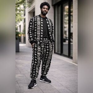 Black and White Patterned Jacket and Pants Set